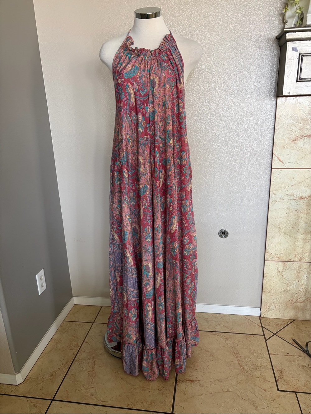 Boho Halter Maxi Dress in Dusty Rose & Teal